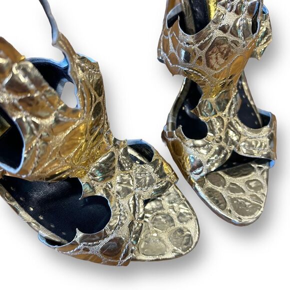 Rupert Sanderson Gold Gladiator Croc Reptile Leaf Print open Toe Heel Sandals - Picture 3 of 10